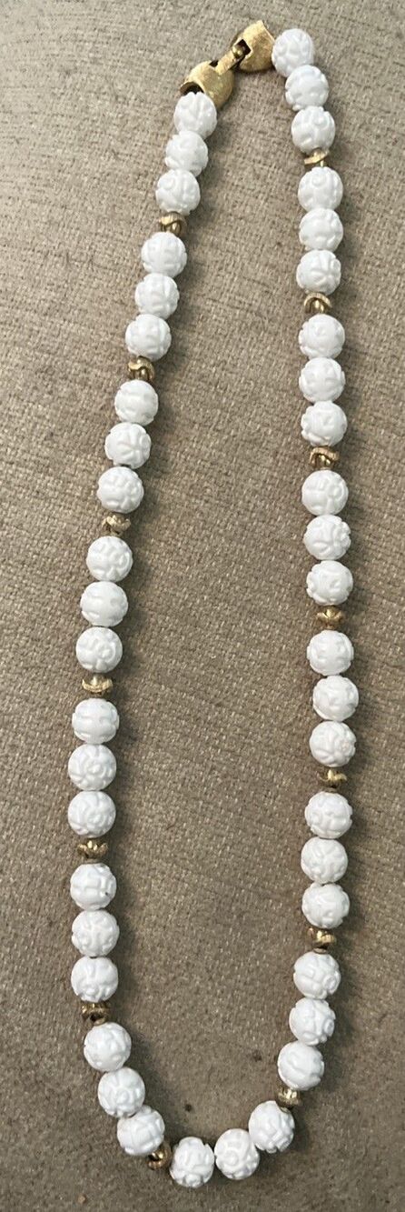 Vintage Monet White Carved Beaded Necklace Gold Tone Signed 23" 60s Beads
